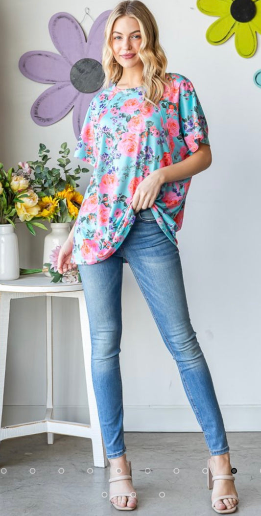 Teal Floral Short Sleeve