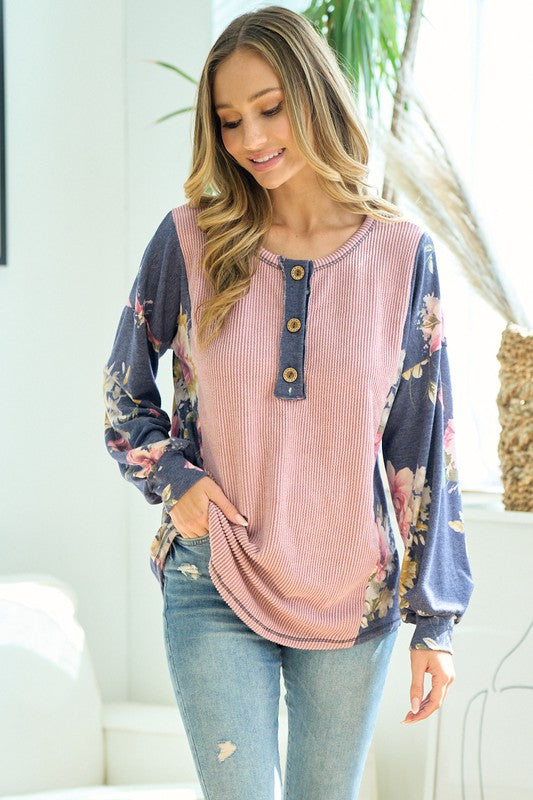 Navy Floral Ribbed Long Sleeve