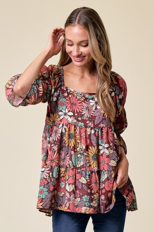 Wine Floral Square Neck