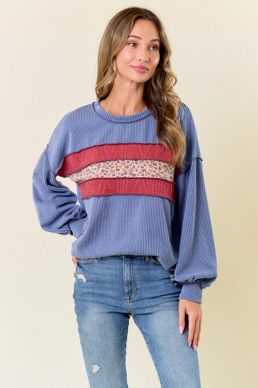 Blue / Floral Ribbed Long Sleeve