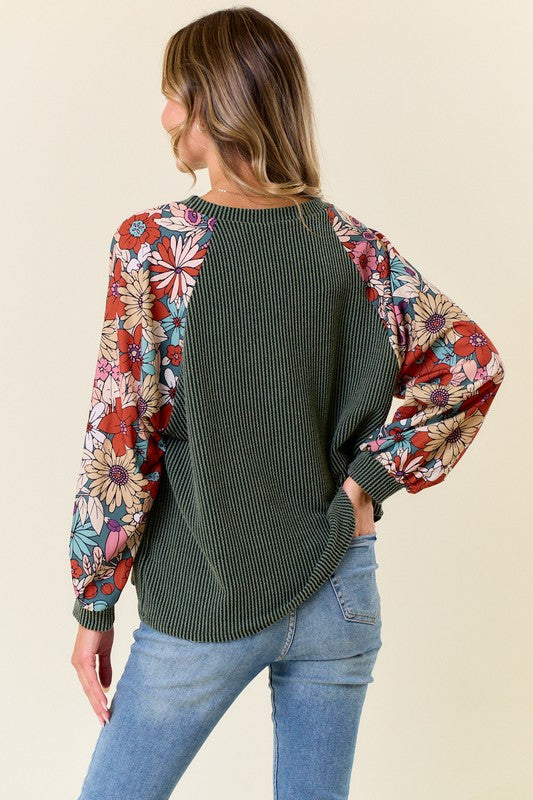 Olive / Floral Ribbed Long Sleeve