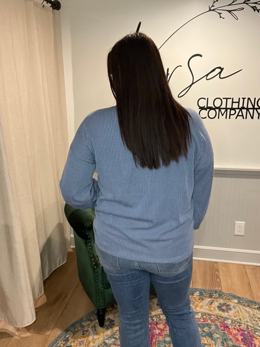 Blue / Floral Ribbed Long Sleeve