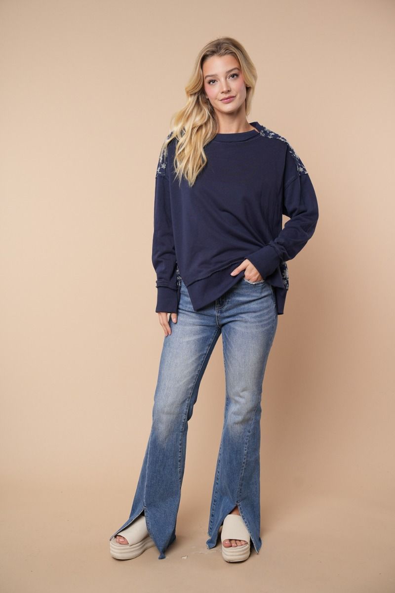 Navy with Ivory Embroidered Floral