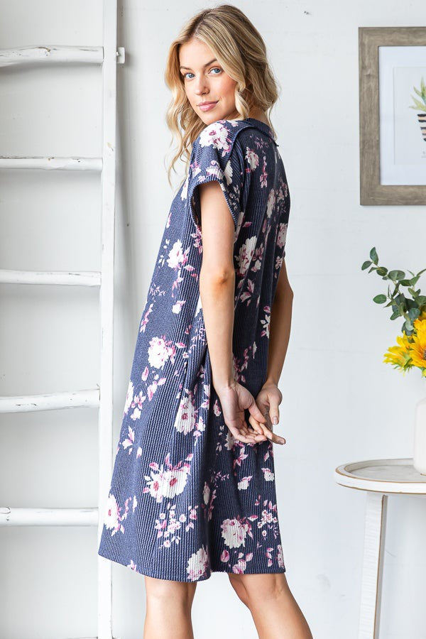 Navy Floral Ribbed Dress