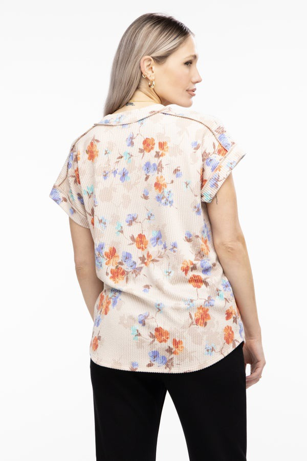 Oatmeal Floral Ribbed Short Sleeve