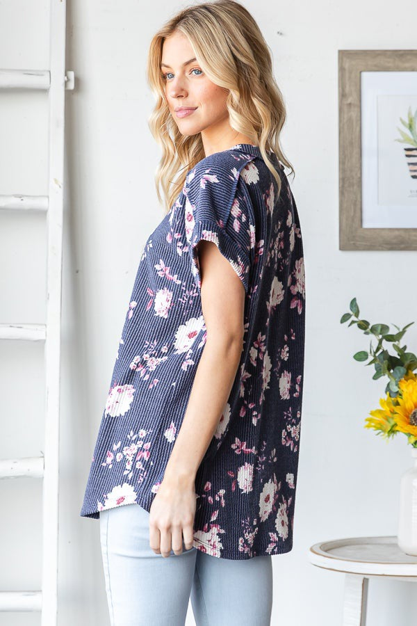 Navy Floral Ribbed Short Sleeve