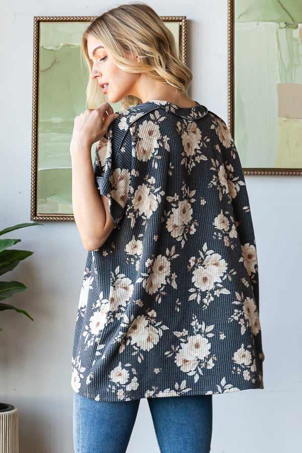 Charcoal Floral Ribbed Short Sleeve