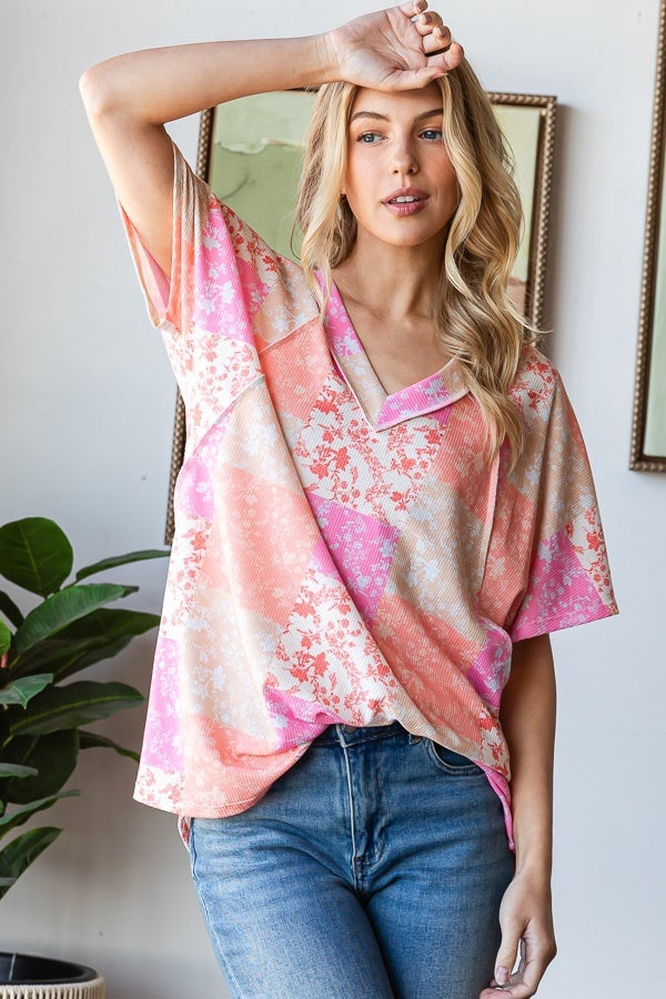 Peach / Pink Color Block Floral Short Sleeve