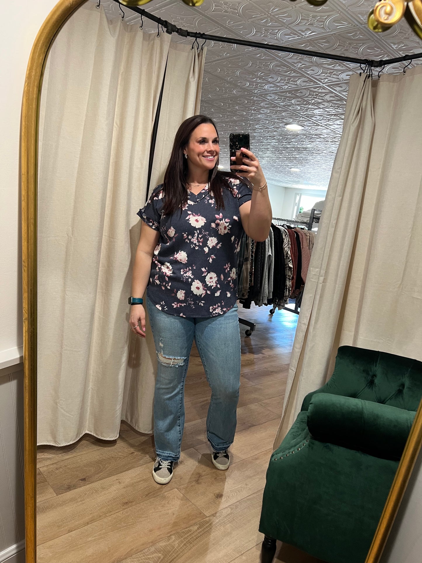 Navy Floral Ribbed Short Sleeve