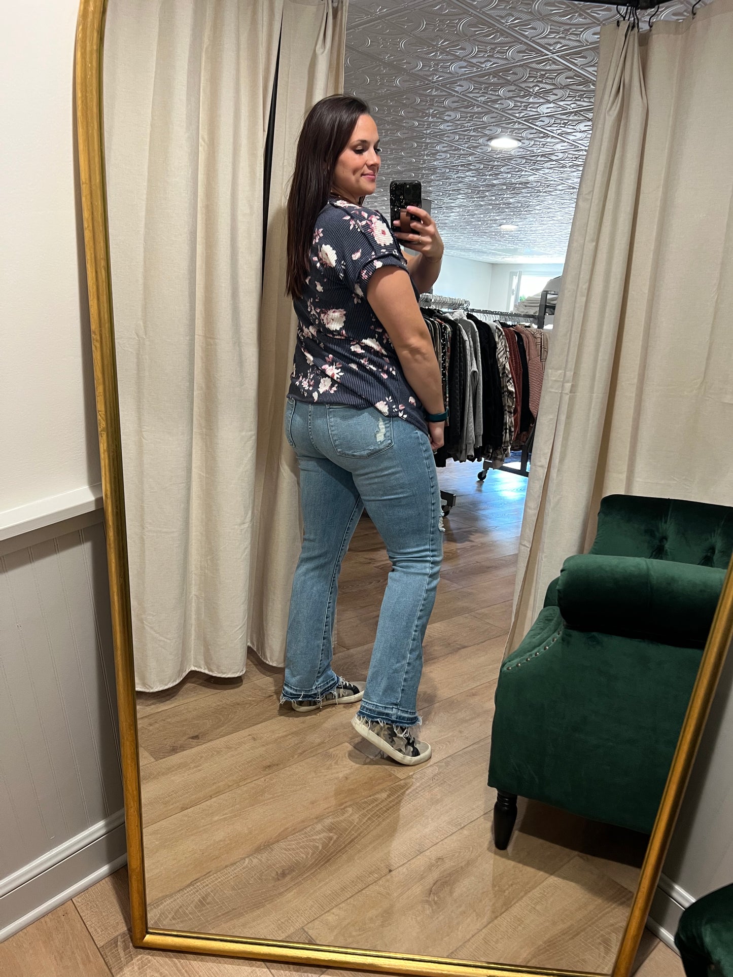 Navy Floral Ribbed Short Sleeve