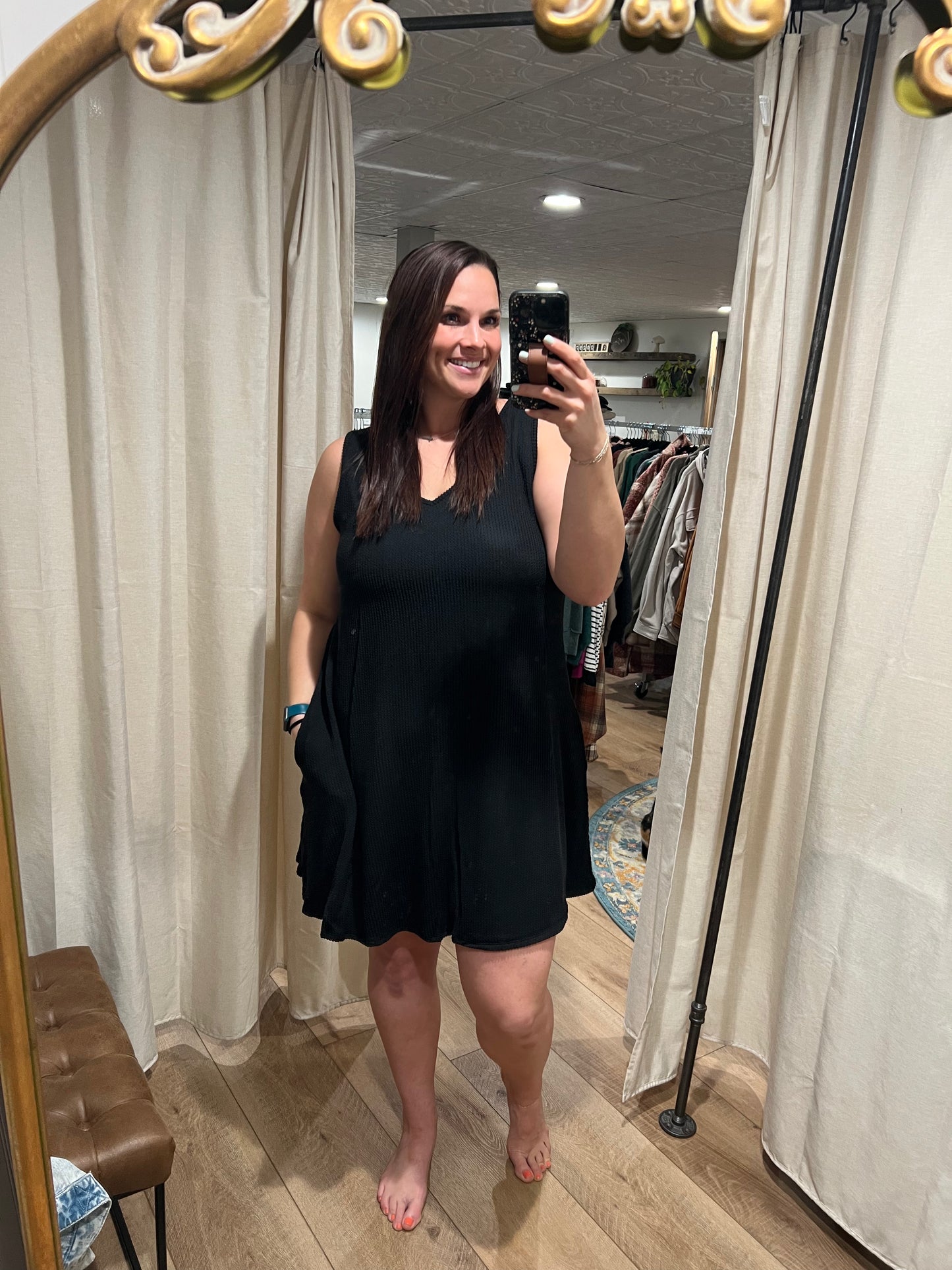 Black Ribbed Dress with Pockets