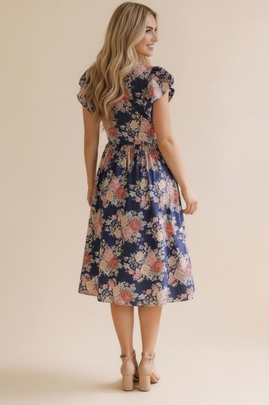 Navy Floral Dress with Pockets