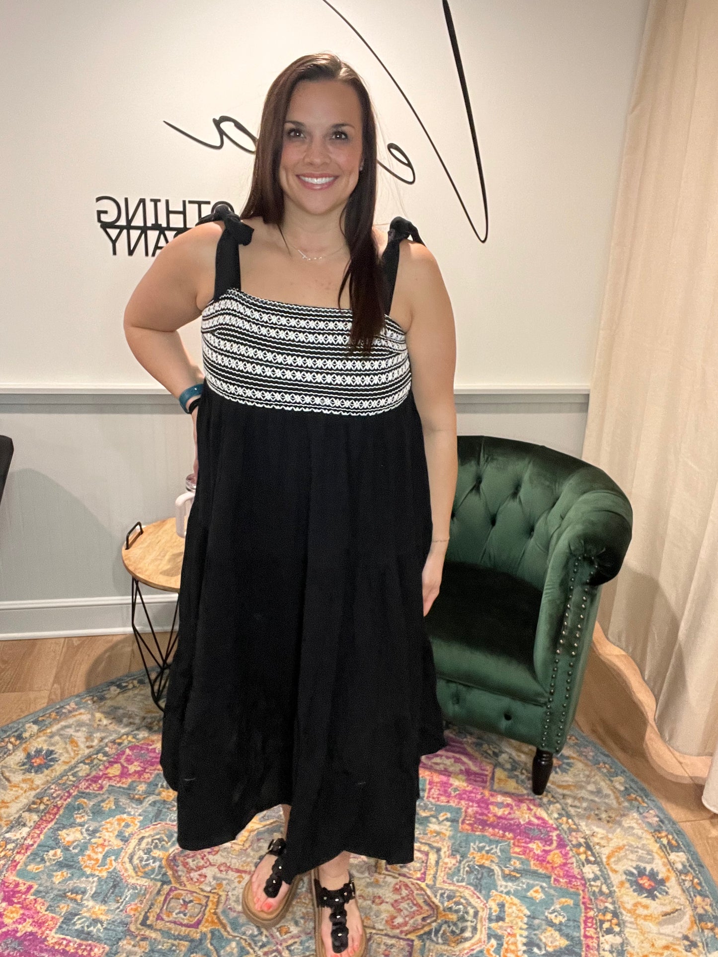 Black Smocked Tie Shoulder Dress