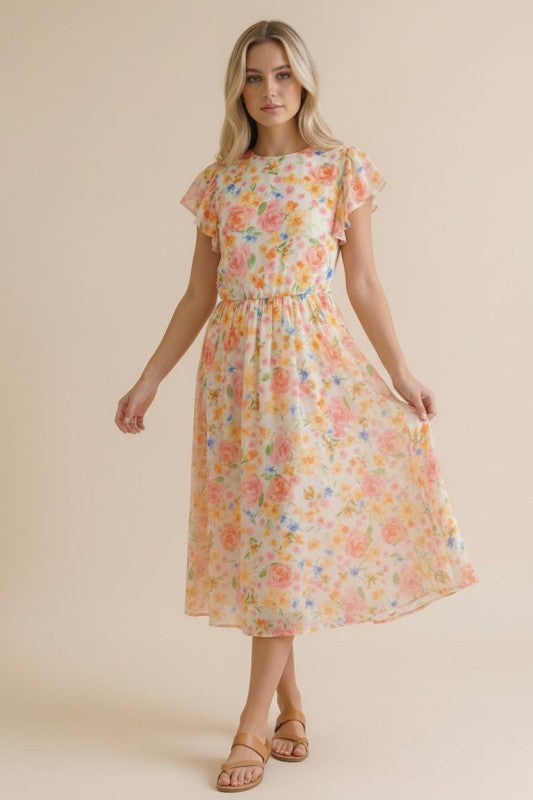 Coral Floral Midi Dress