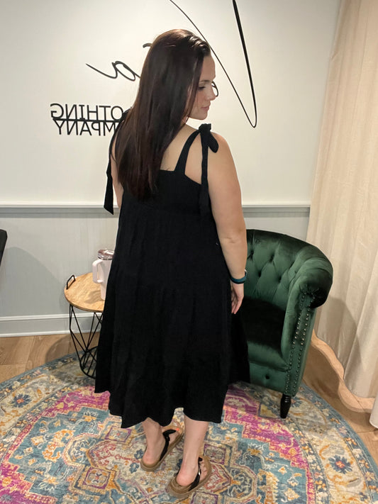 Black Smocked Tie Shoulder Dress