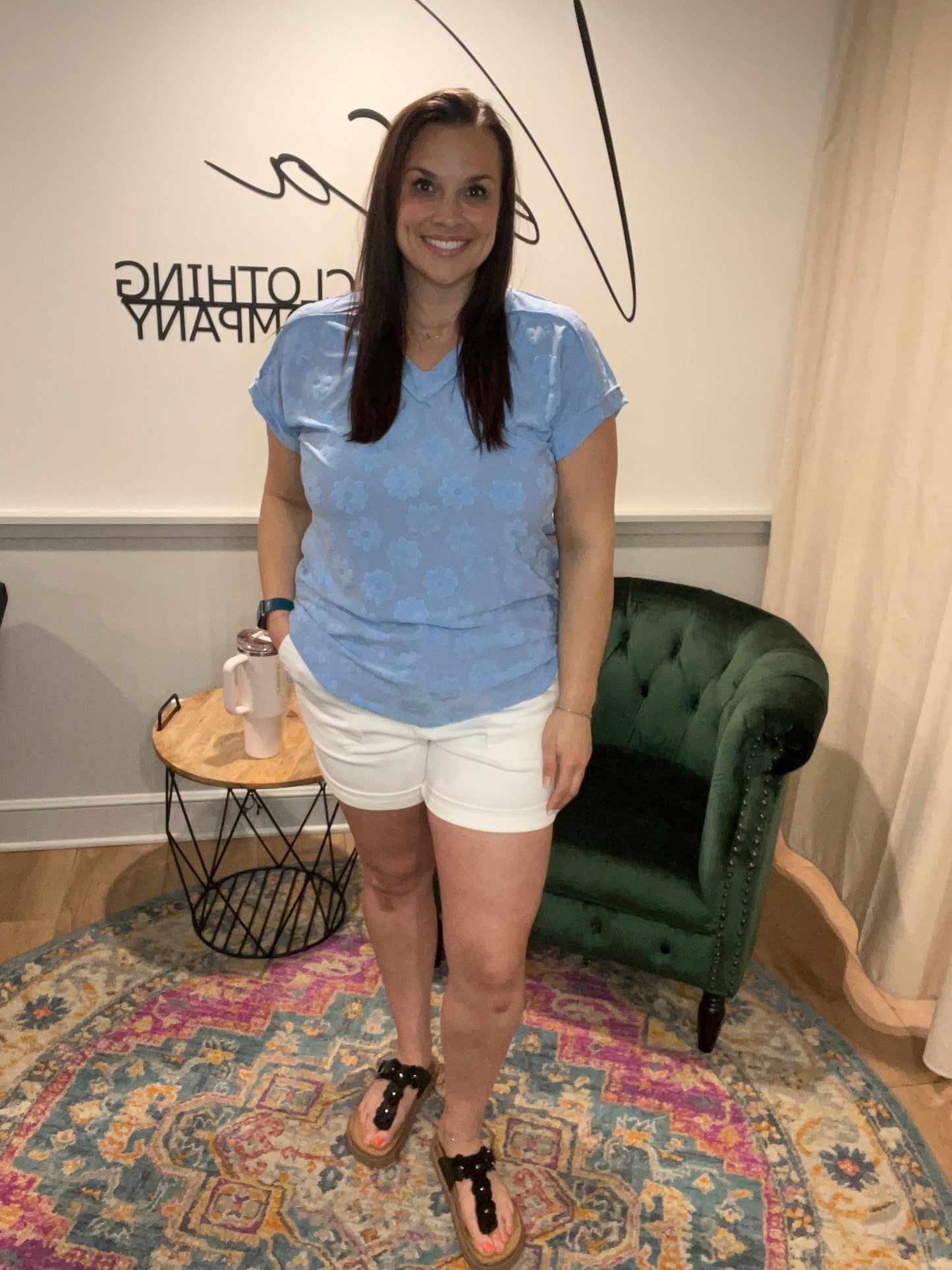 Light Blue Terry Floral Short Sleeve