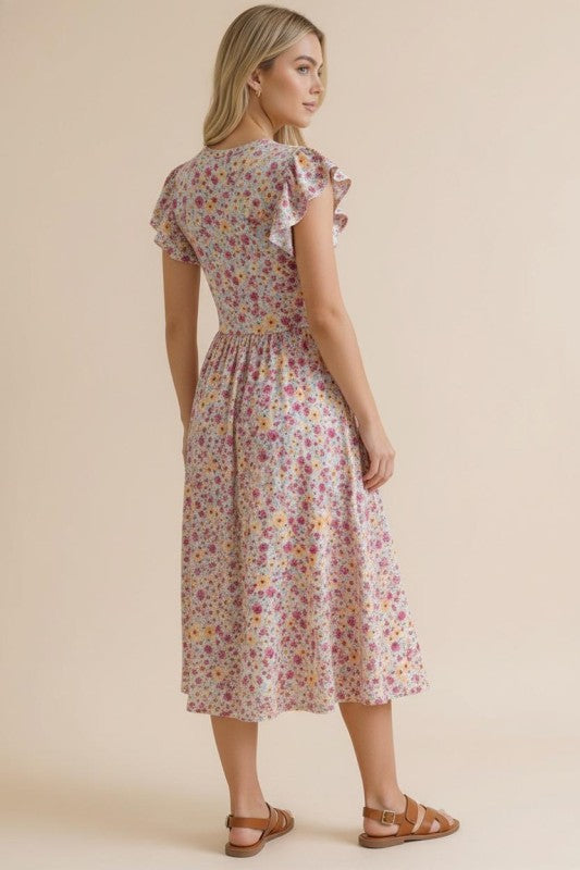 Mint/ Fuchsia Floral Dress with Pockets