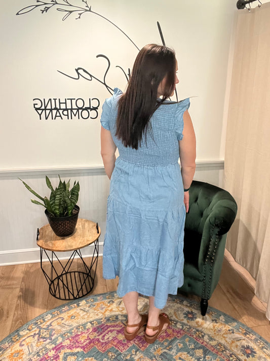 Chambray Smocked Tiered Dress