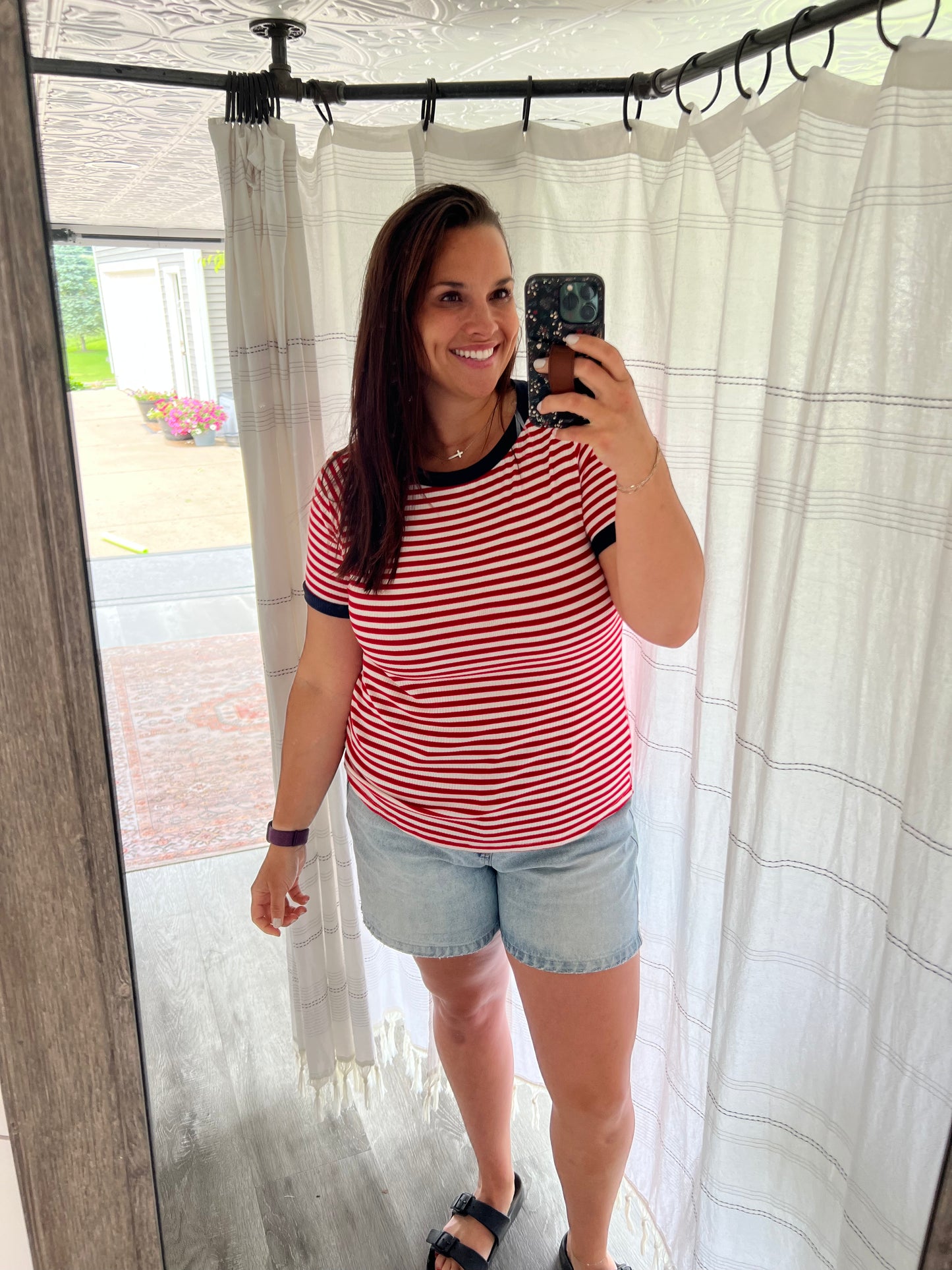 Red Stripe with Navy Trim Short Sleeve