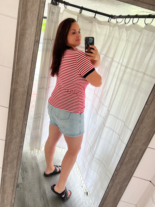 Red Stripe with Navy Trim Short Sleeve