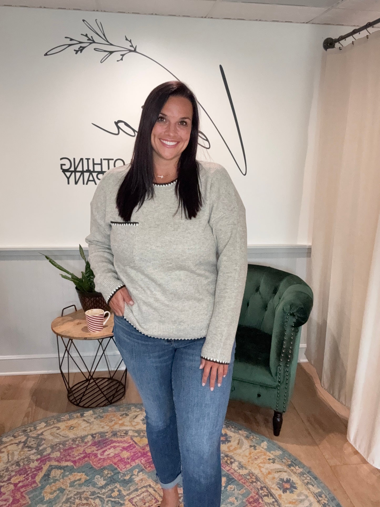 Oatmeal Blanket Stitch Trim Sweater