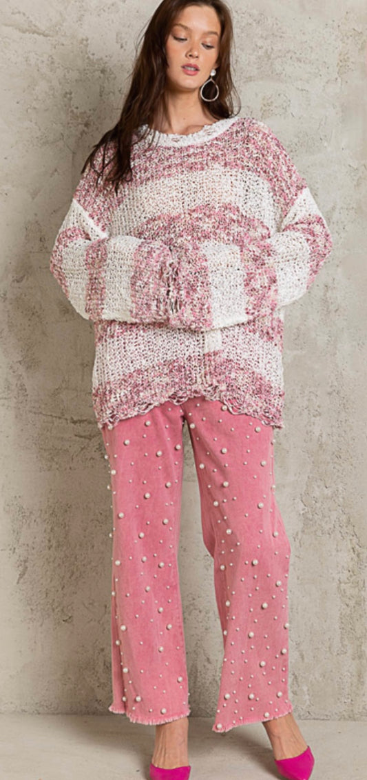 Mauve / Cream Stripe Round Neck Sweater