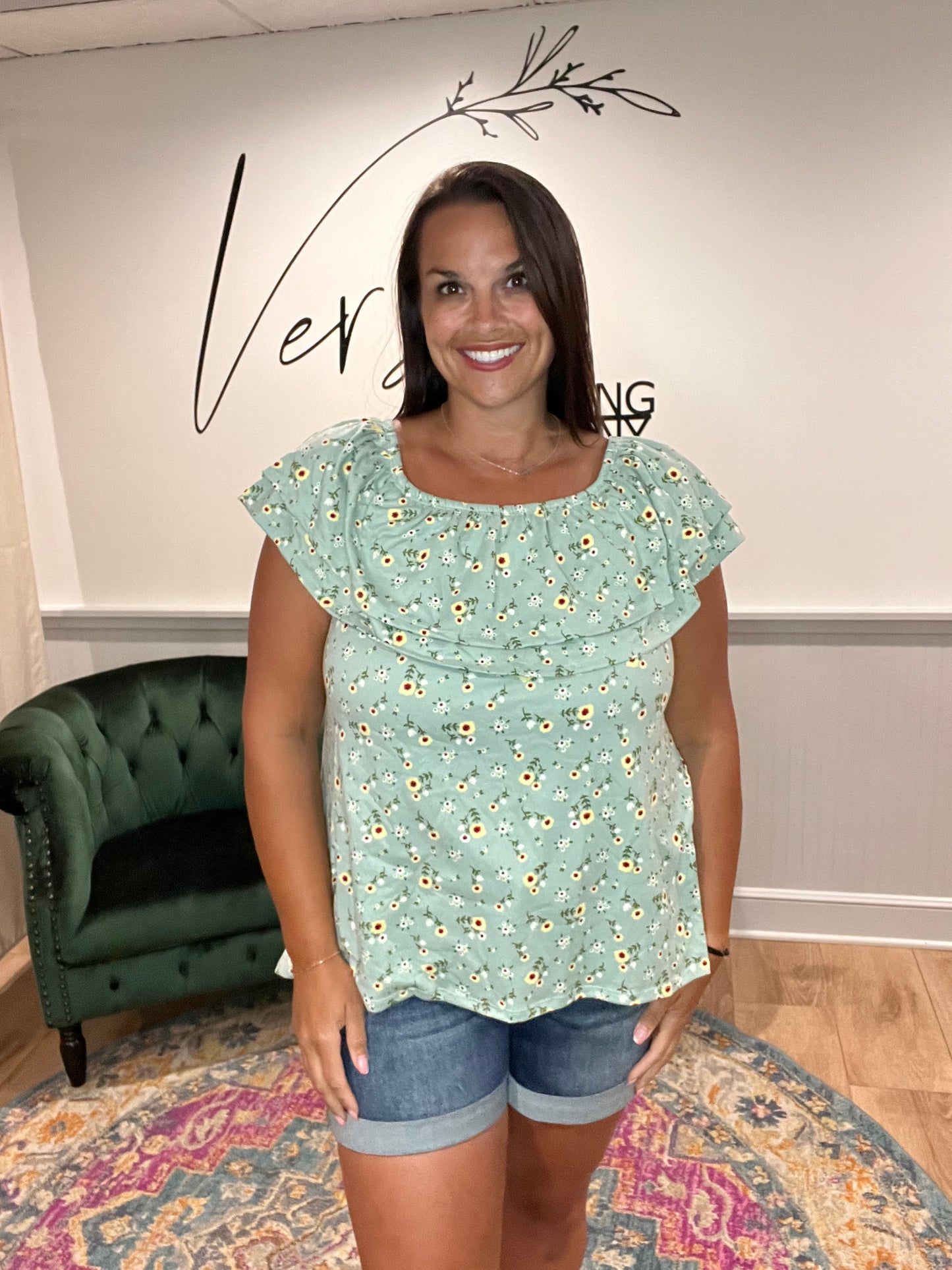 Sage Floral Off Shoulder Top