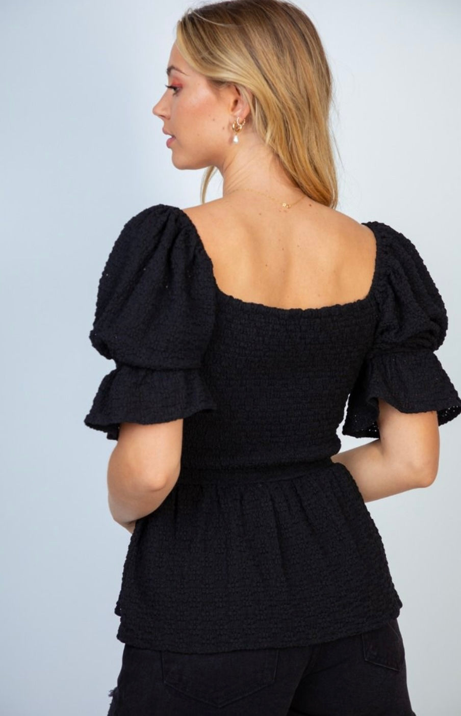 Black Smocked Peplum Top