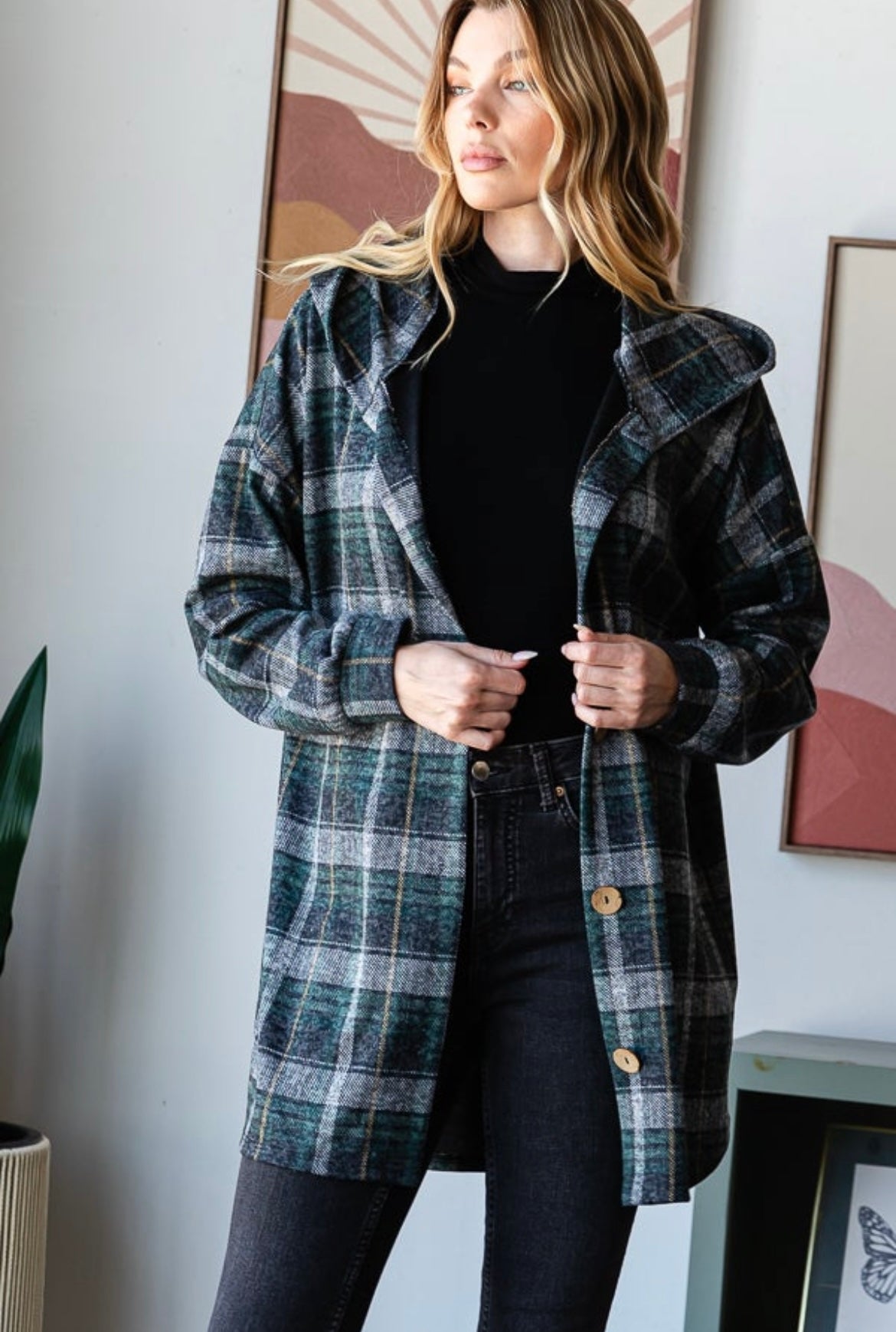 Hunter Green Plaid Button Cardigan