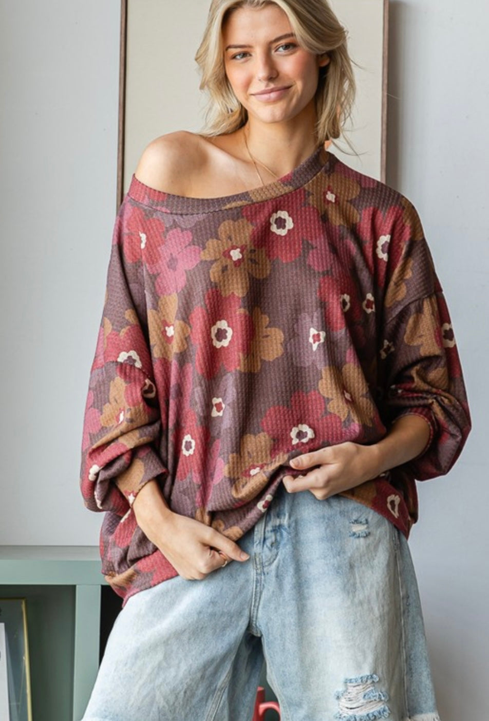 Mocha Floral Waffle Knit