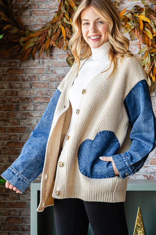 Beige & Denim Button Cardigan