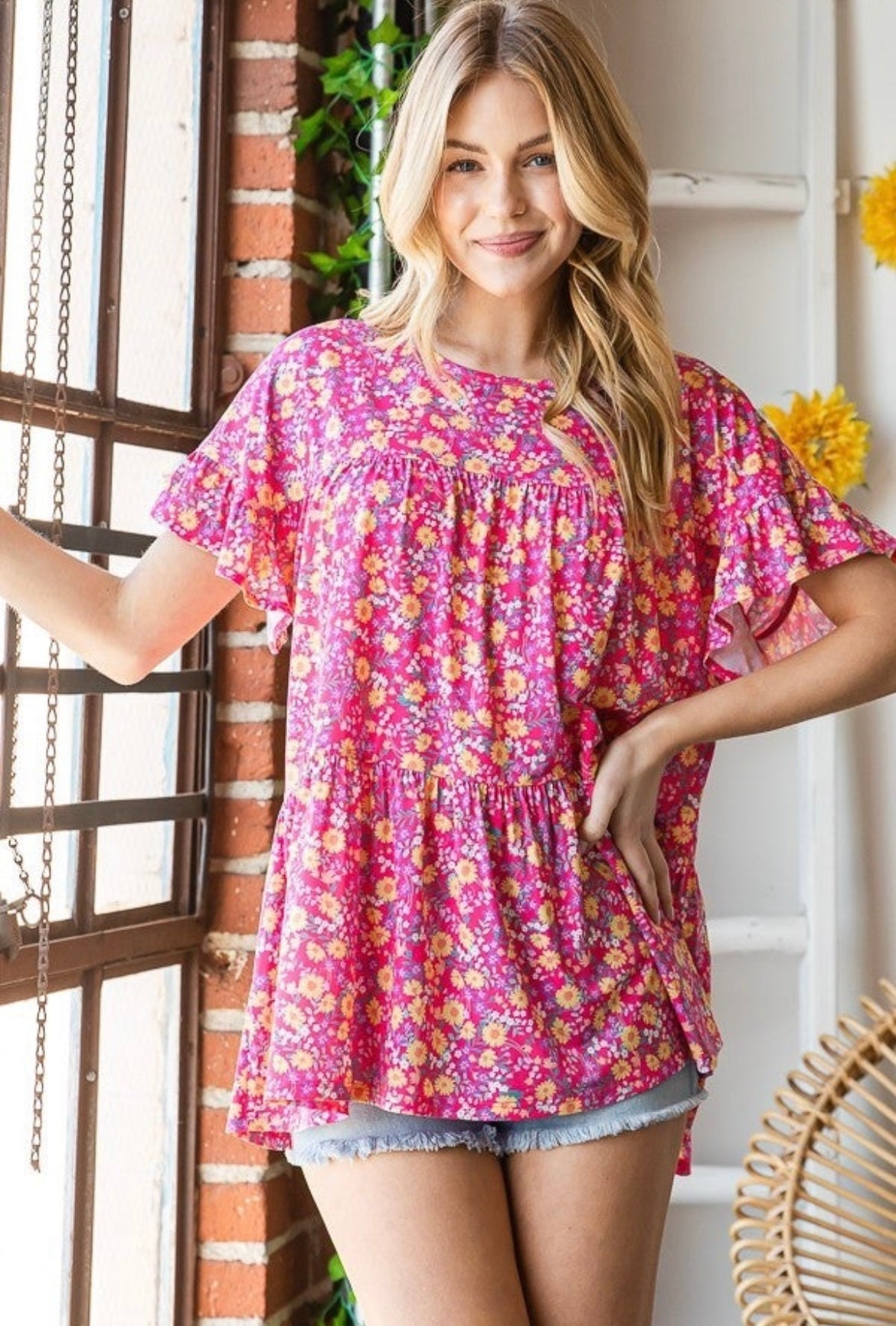 Pink Floral Dolman Top with Ruffle Sleeves