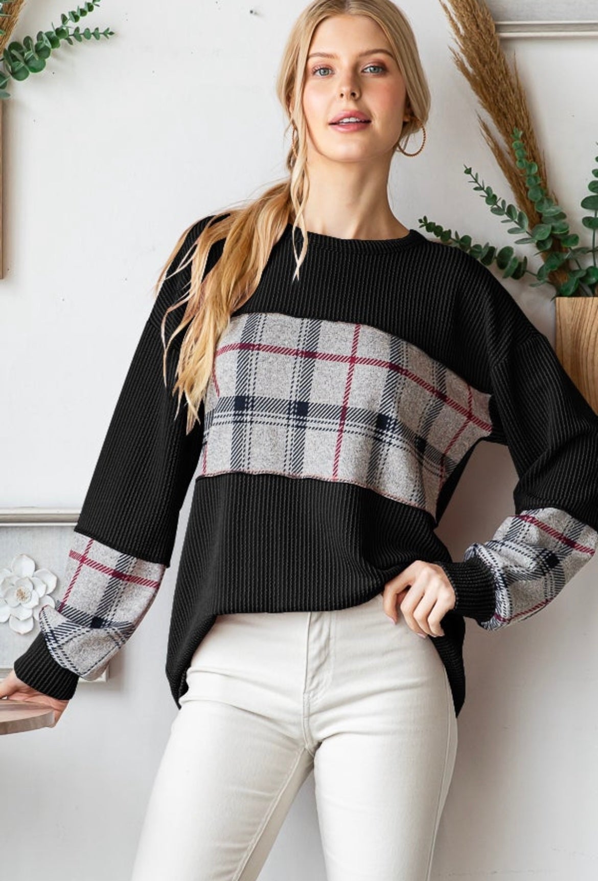 Black Ribbed with Plaid Contrast