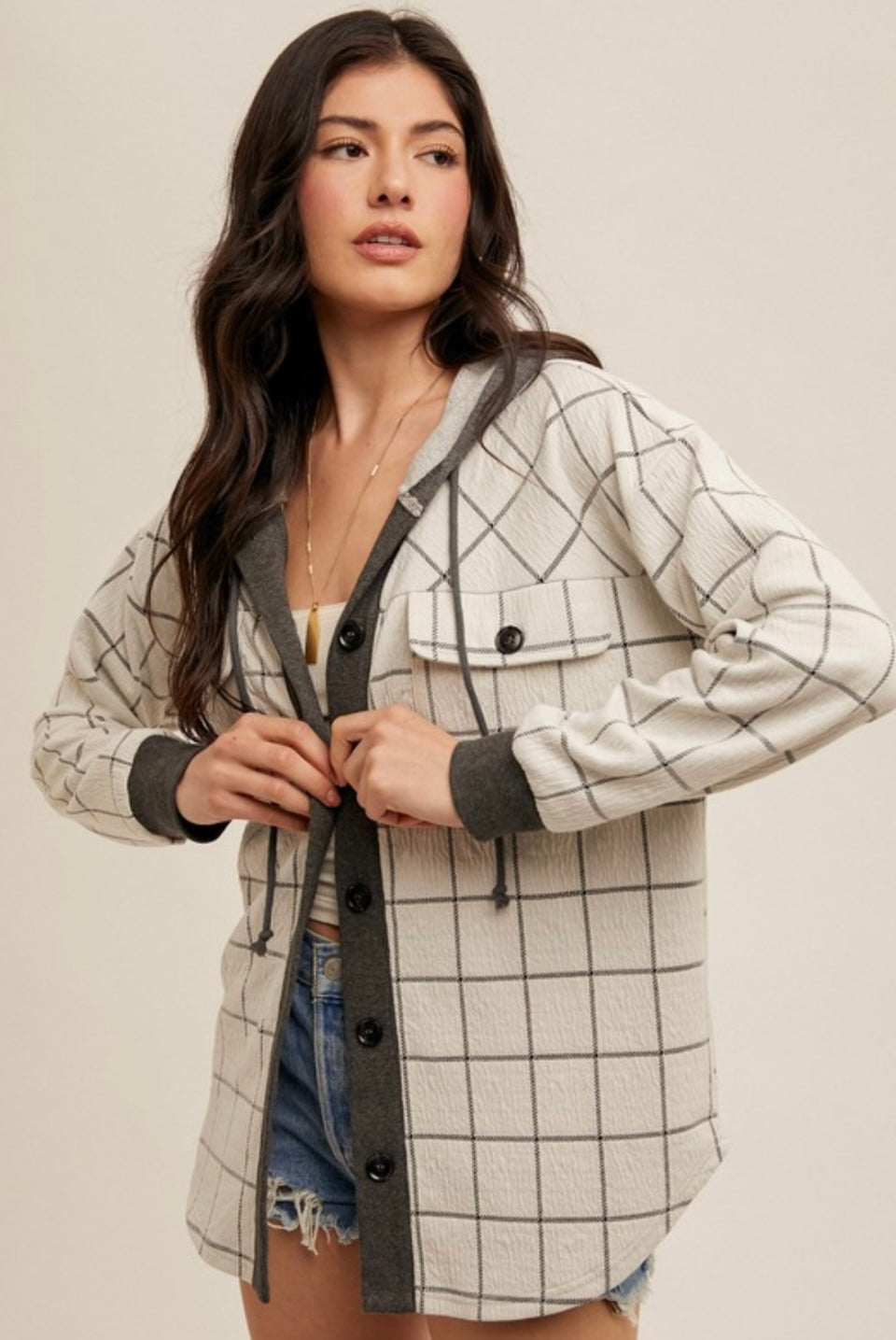 Ivory Check Button Down Jacket