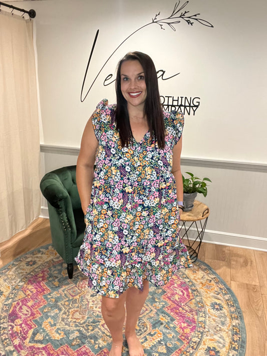 Navy Floral Dress with Pockets