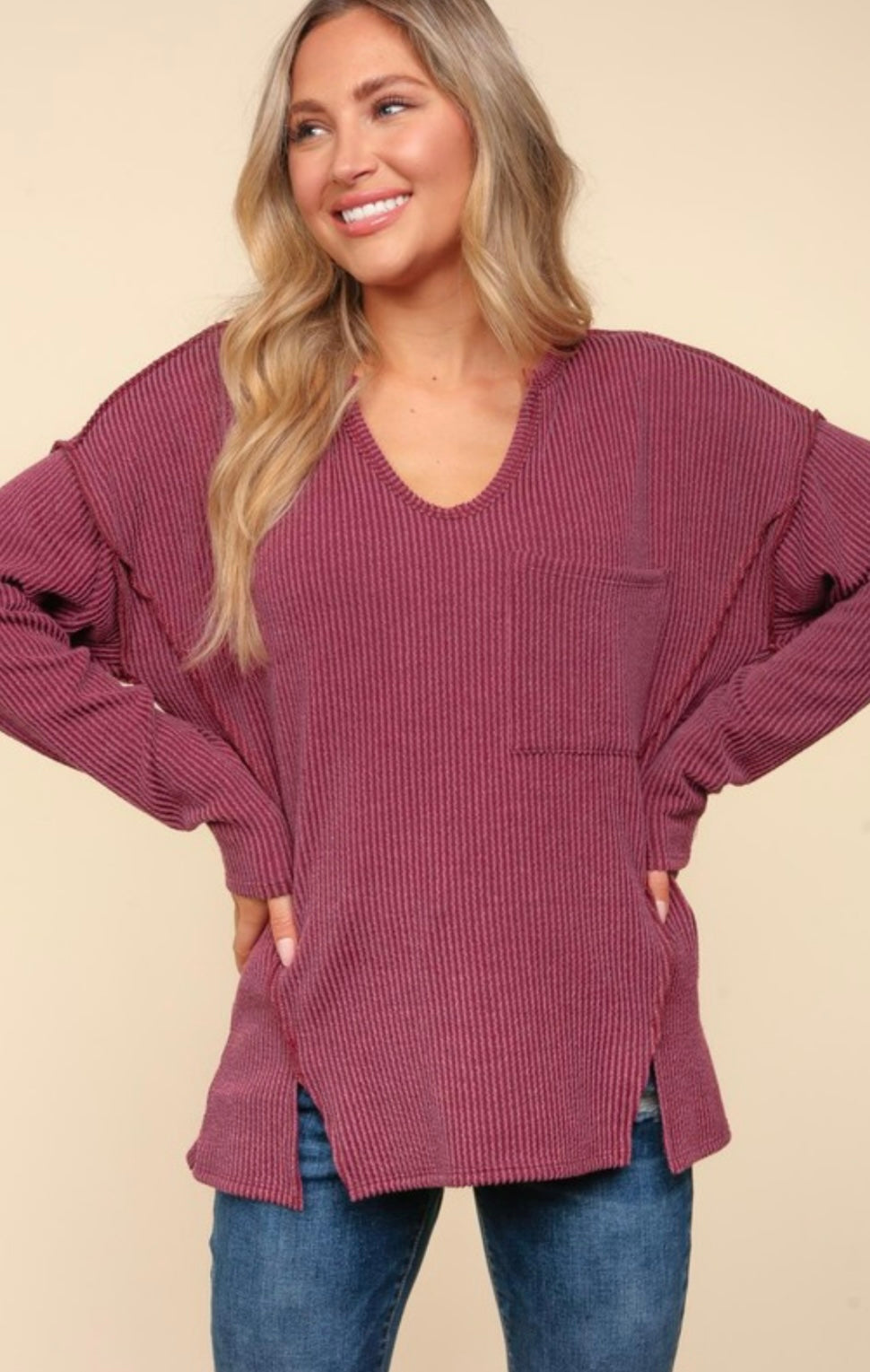 Ribbed Long Sleeve with Slits (2 Colors