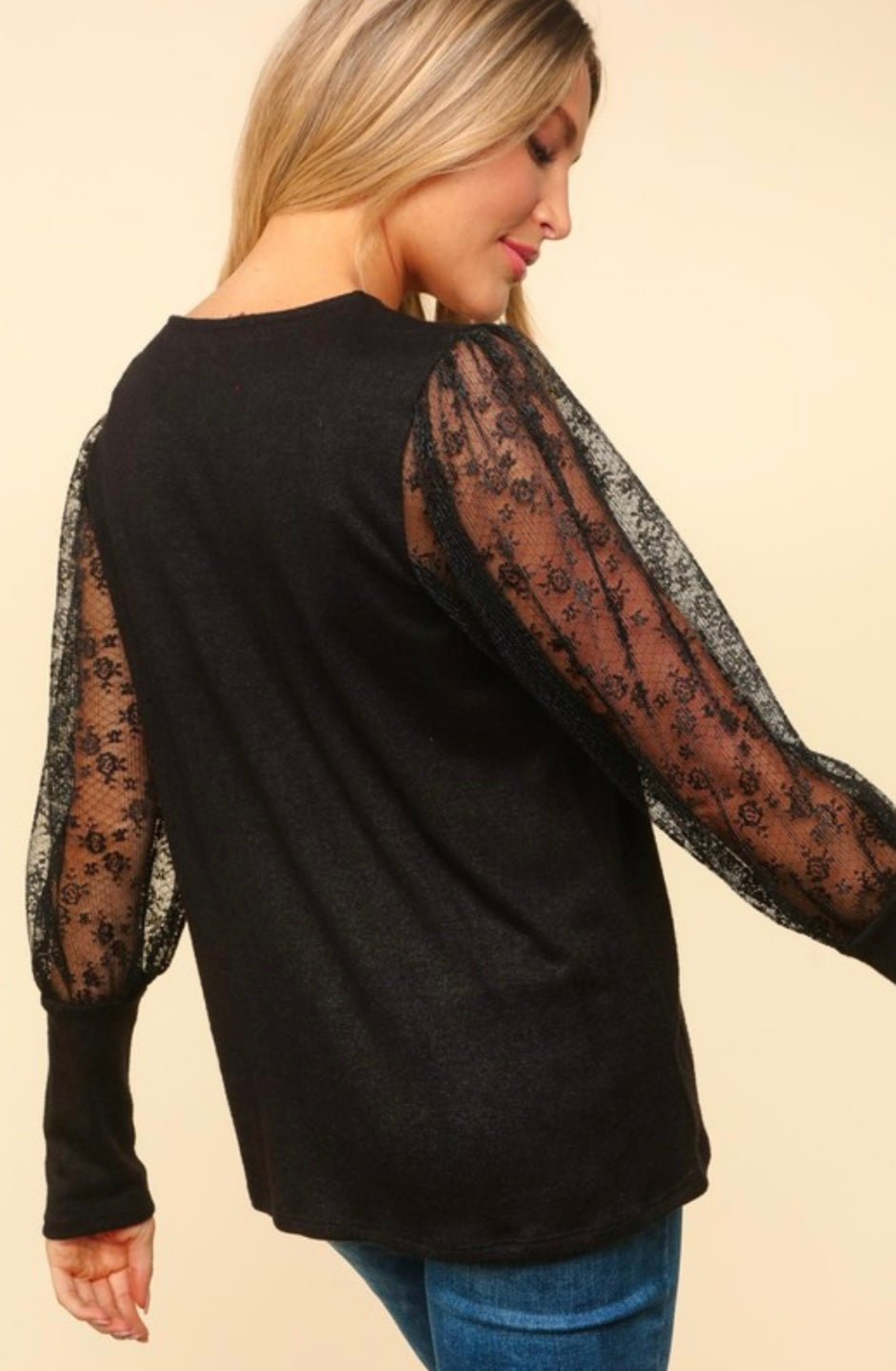 Black V Neck with Lace Sleeves