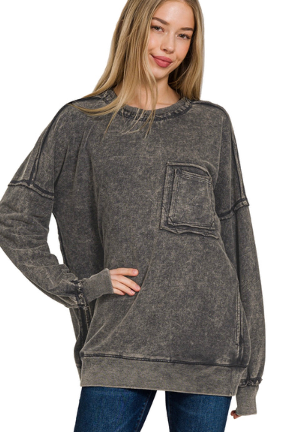 Mineral Wash Raw Hem Pullover (3 Colors)