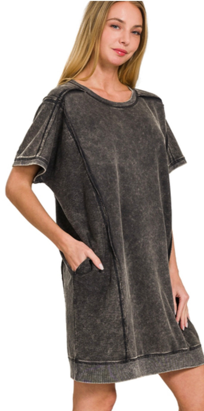 Mineral Washed Short Sleeve Pocket Dress (4 Colors)