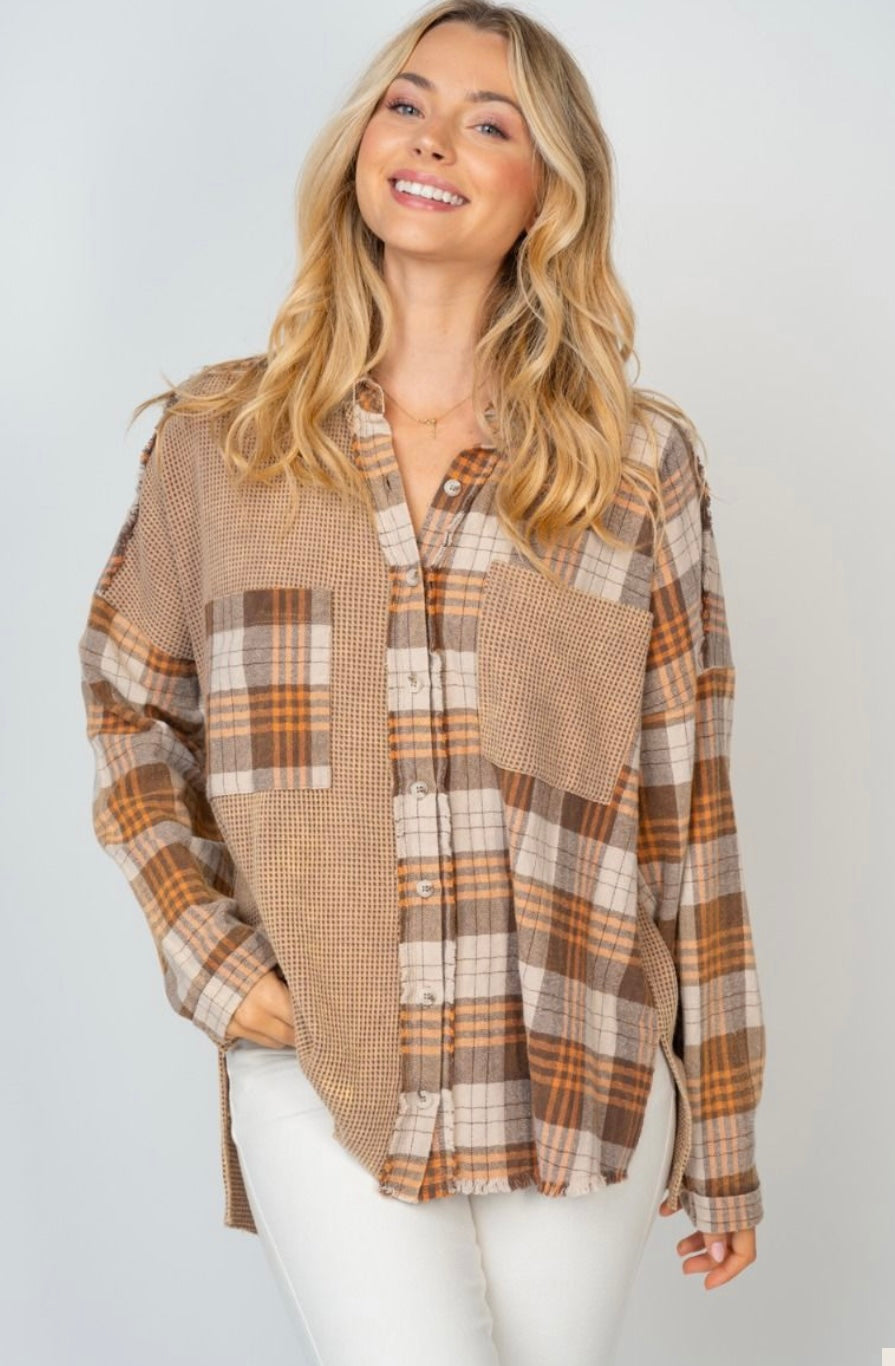 Waffle Knit and Plaid Button Up (2 Colors)
