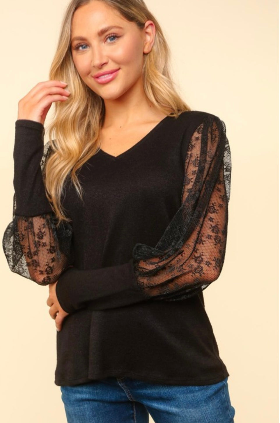 Black V Neck with Lace Sleeves