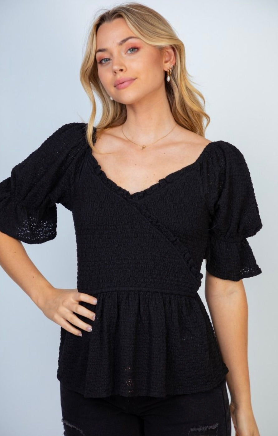 Black Smocked Peplum Top