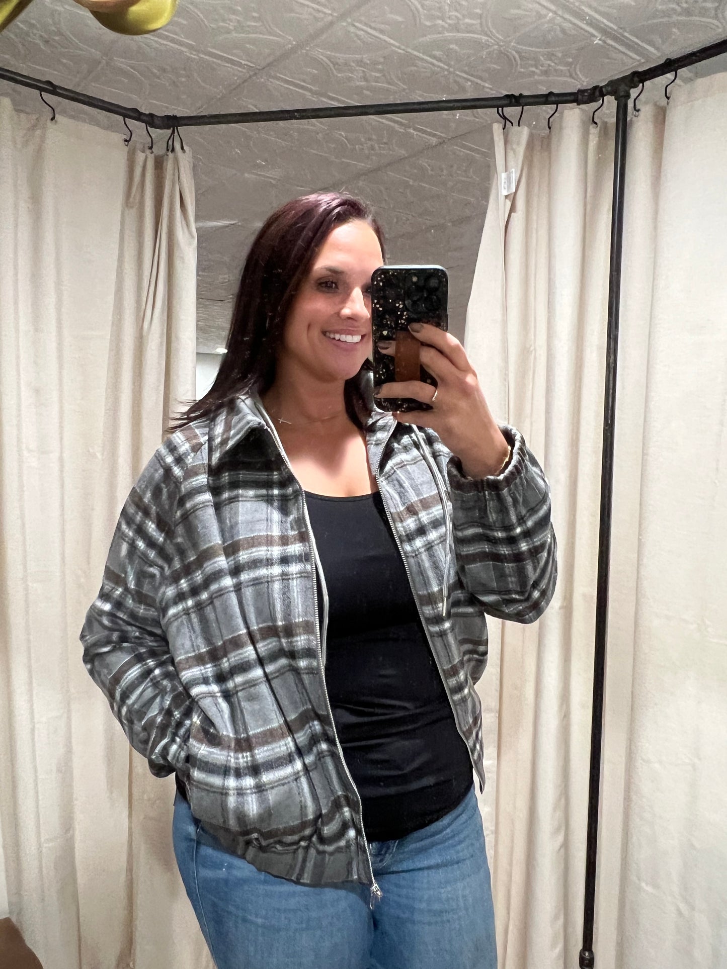 Charcoal Plaid Jacket With Hood