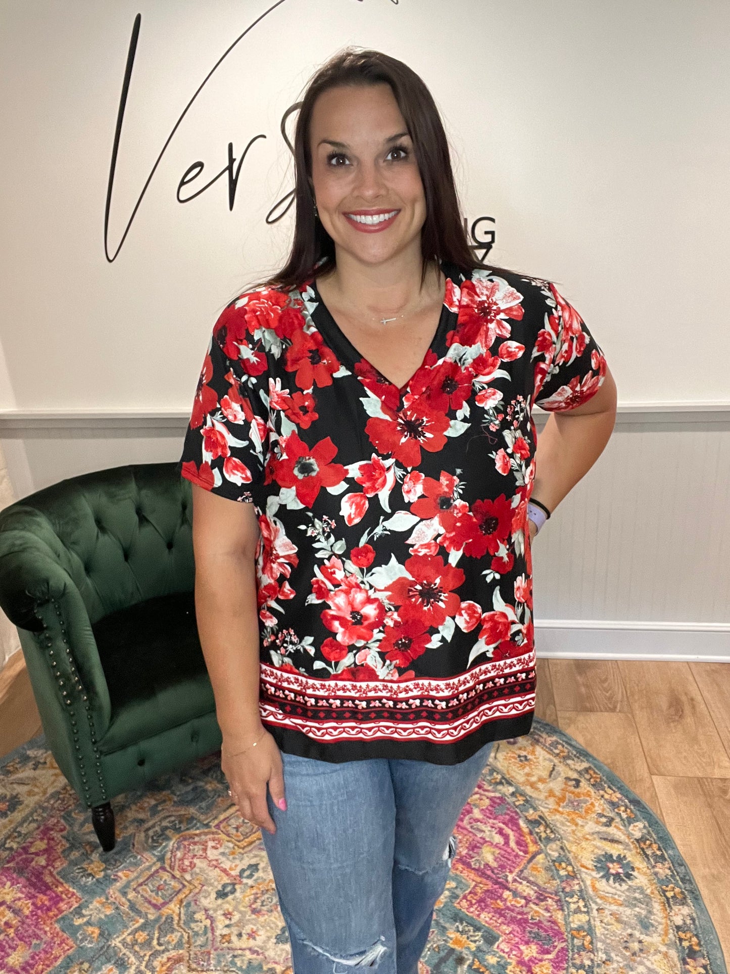 Red Floral V-Neck with Hi-Lo Hem