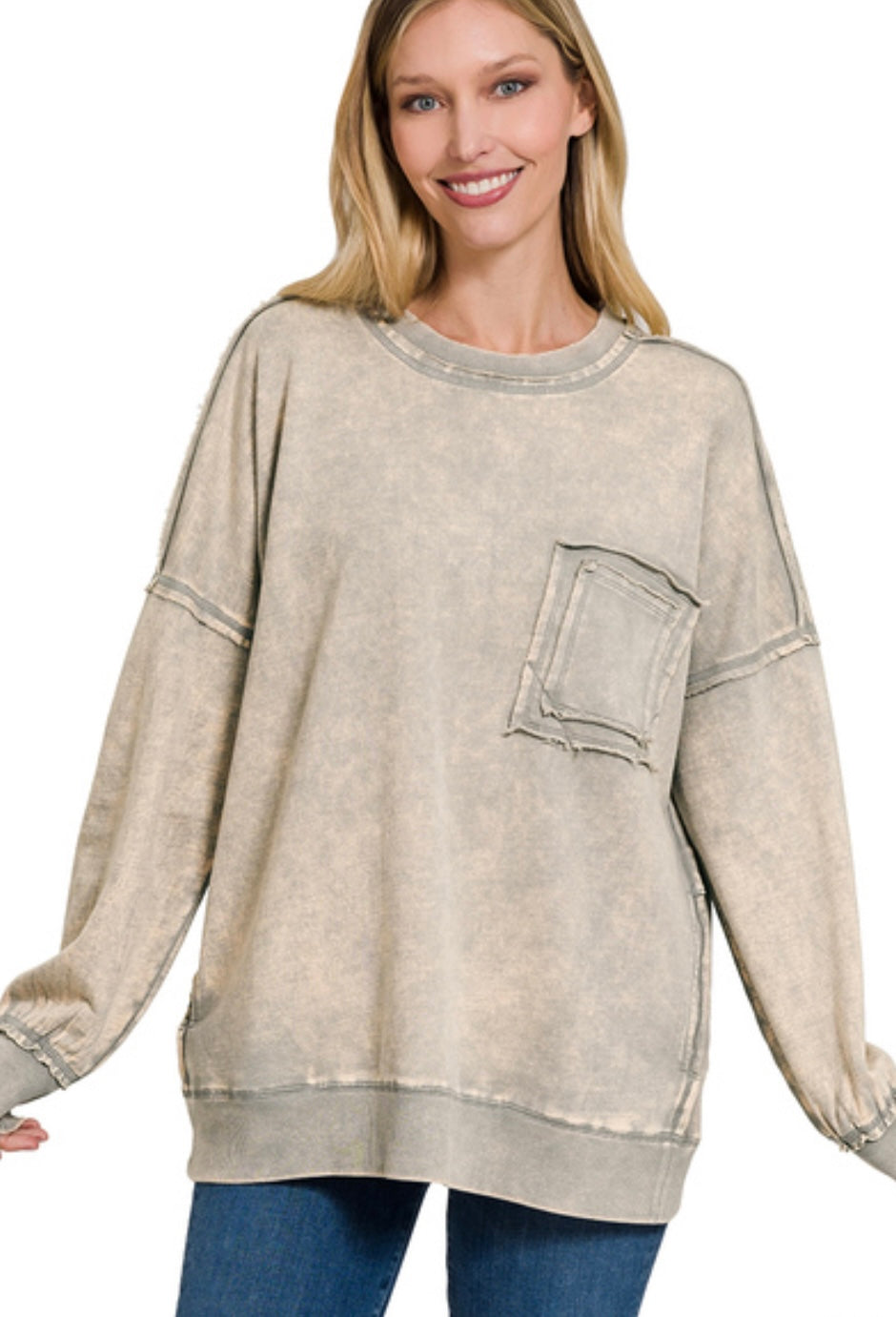Mineral Wash Raw Hem Pullover (3 Colors)
