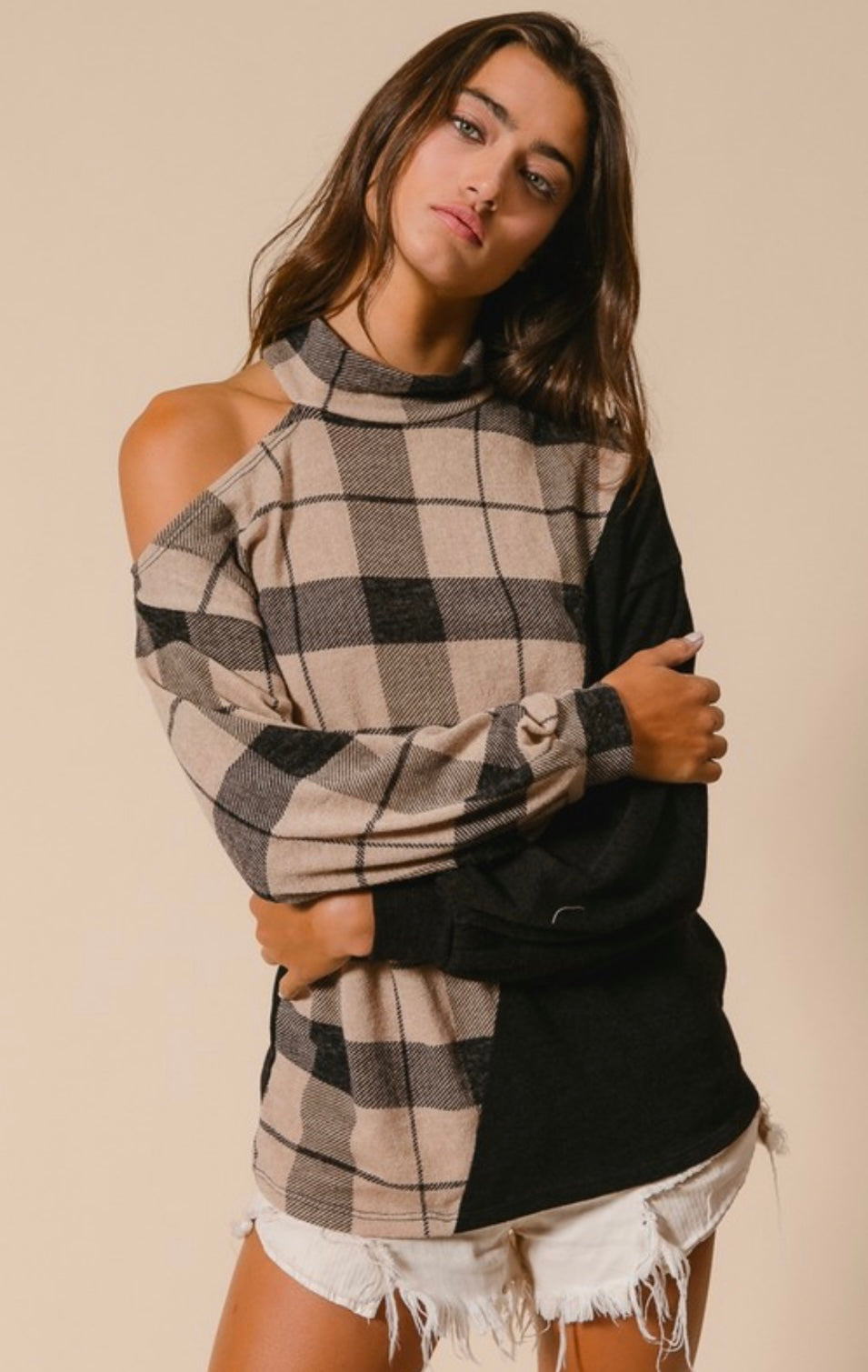 Black / Plaid Cold Shoulder