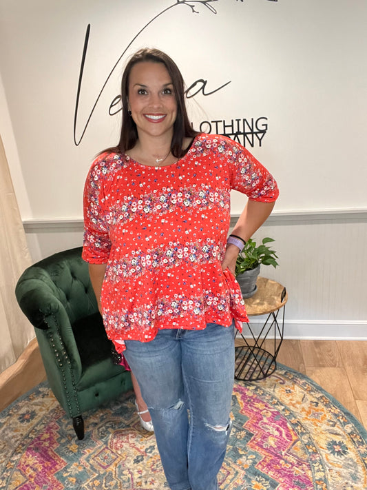 Red Floral Stripe Top