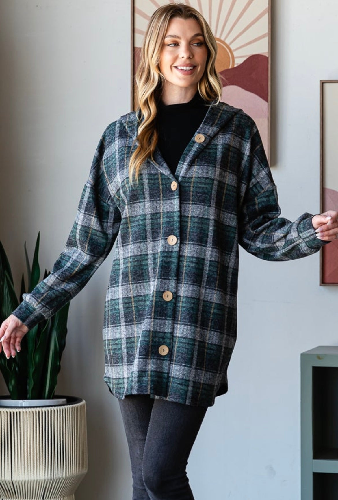 Hunter Green Plaid Button Cardigan