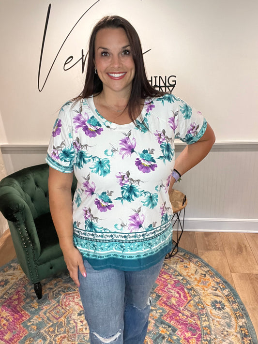 Teal Floral V-Neck with Hi-Lo Hem