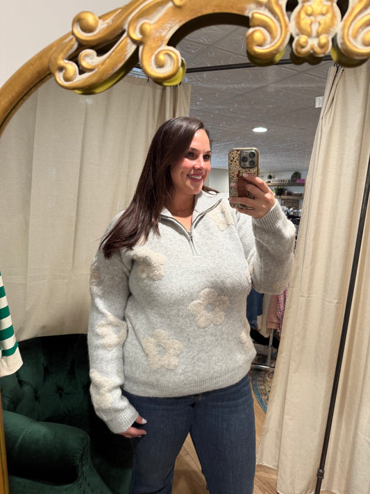 Grey / Taupe Floral Quarter Zip Sweater